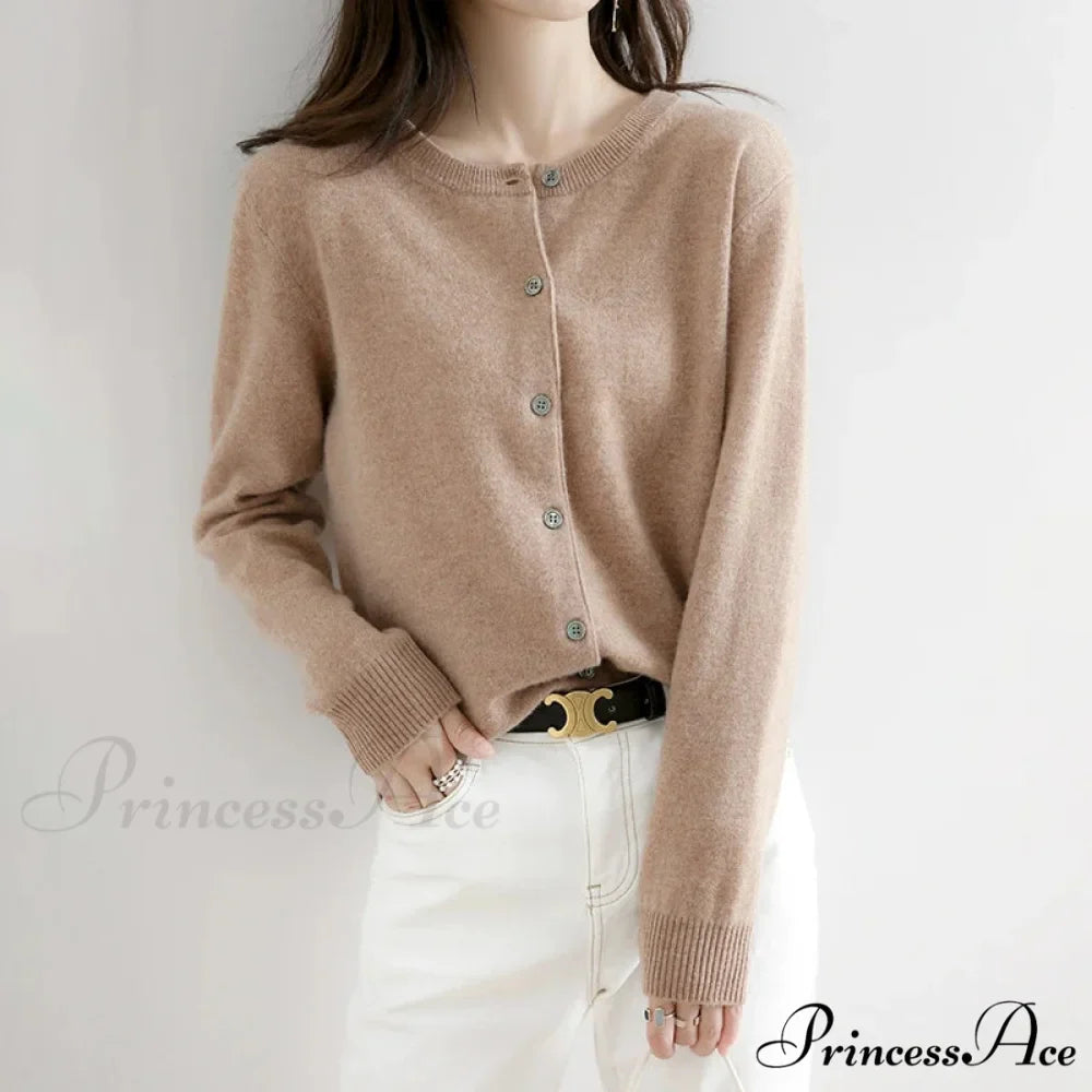 Brief Thin Circular Neck One Buttoned Gold Tan Knitted Cardigan