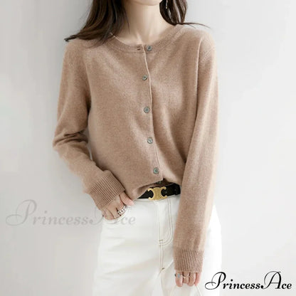 Brief Thin Circular Neck One Buttoned Gold Tan Knitted Cardigan