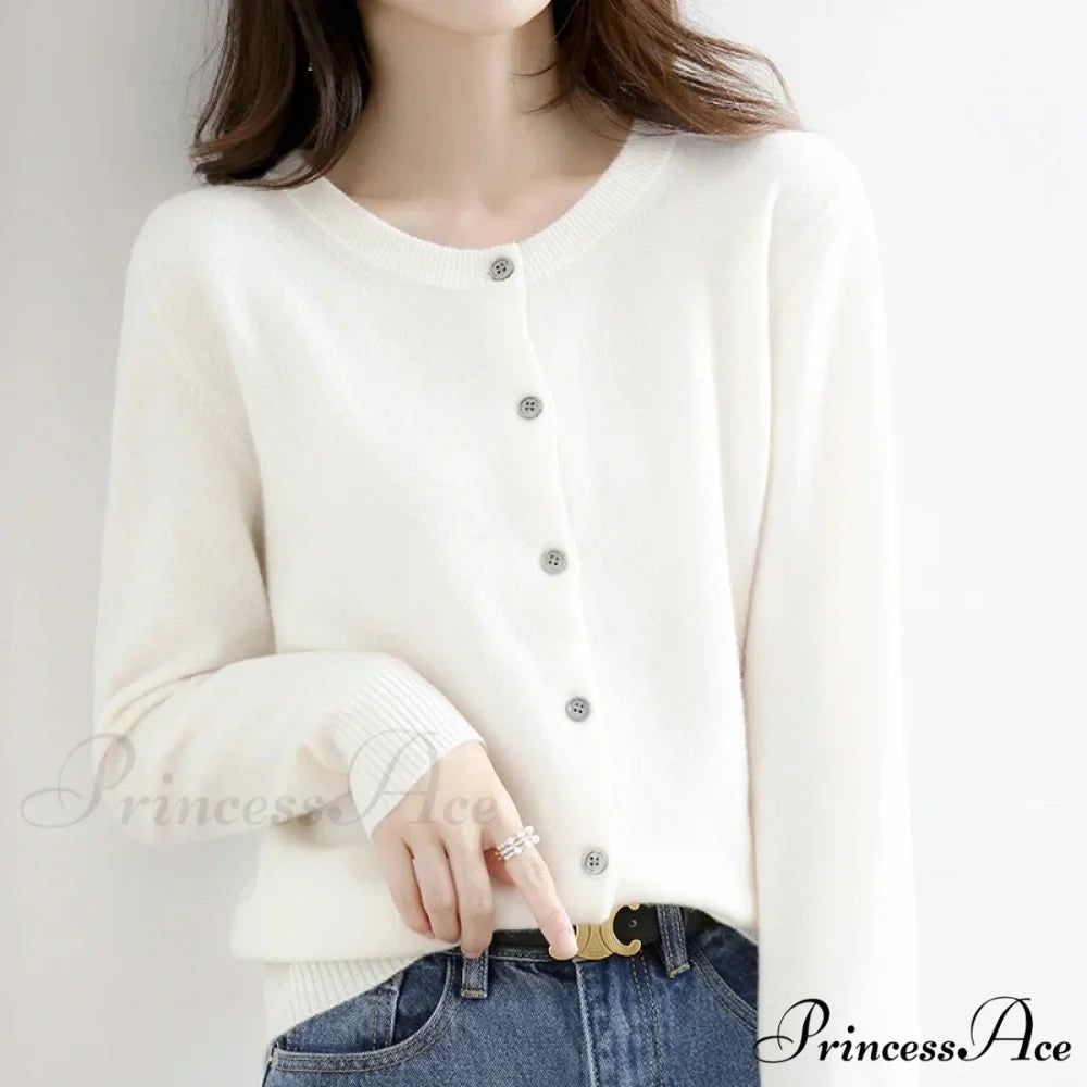 Brief Thin Circular Neck One Buttoned Gold Tan Knitted Cardigan
