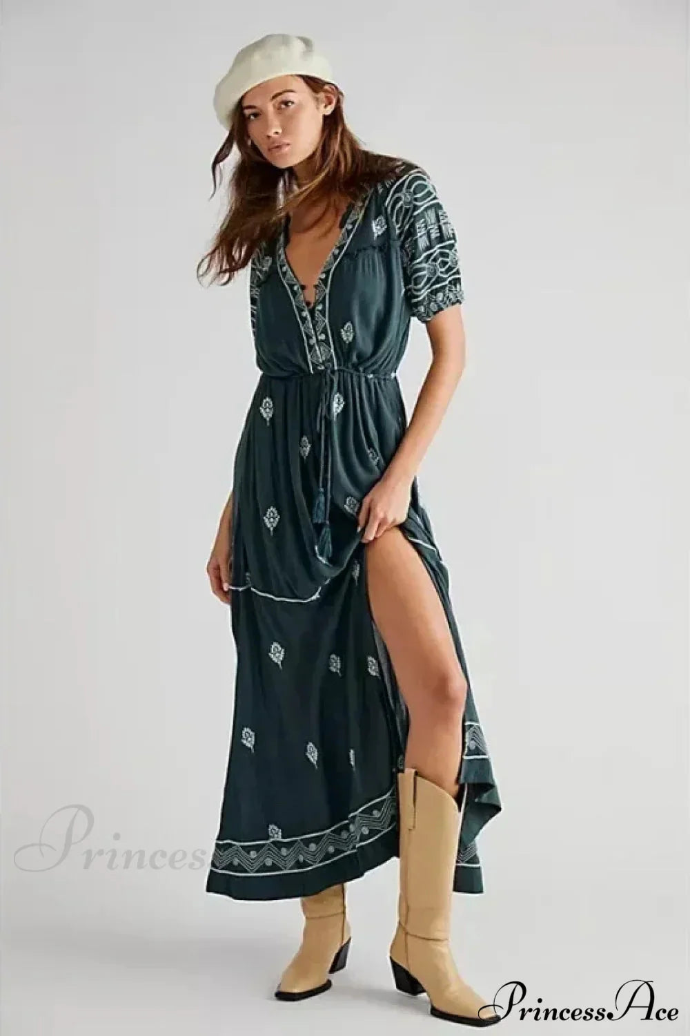 Button Down Embroidery Short Sleeve Chic Boho Dress