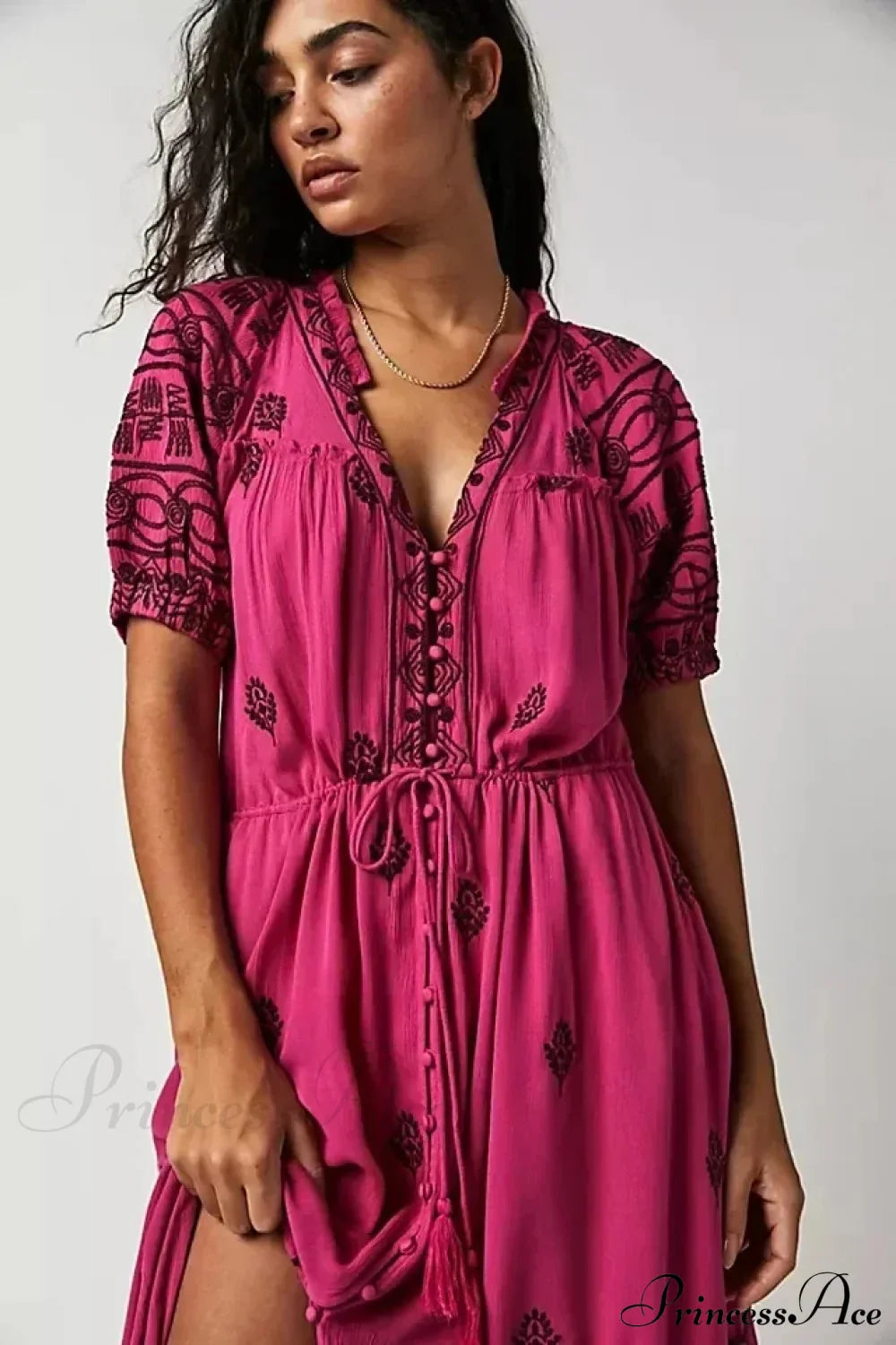 Button Down Embroidery Short Sleeve Chic Boho Dress