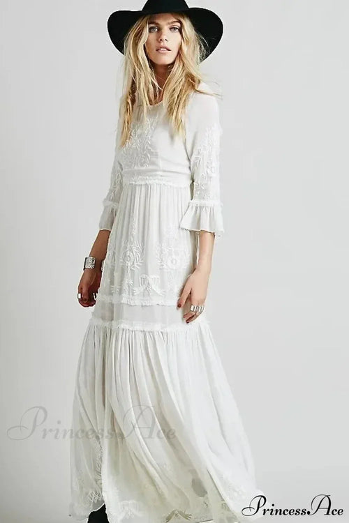 Button Down Hollow Embroidery High Waist Boho Dress
