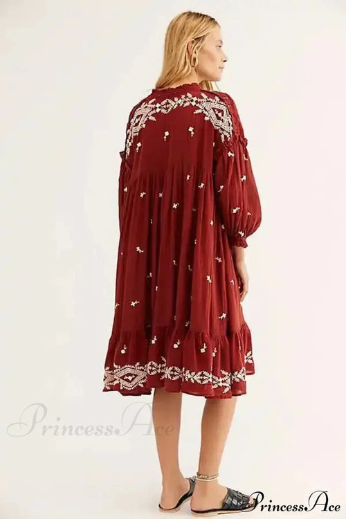 Button Up Black Embroidery Vintage Cotton Boho Dress