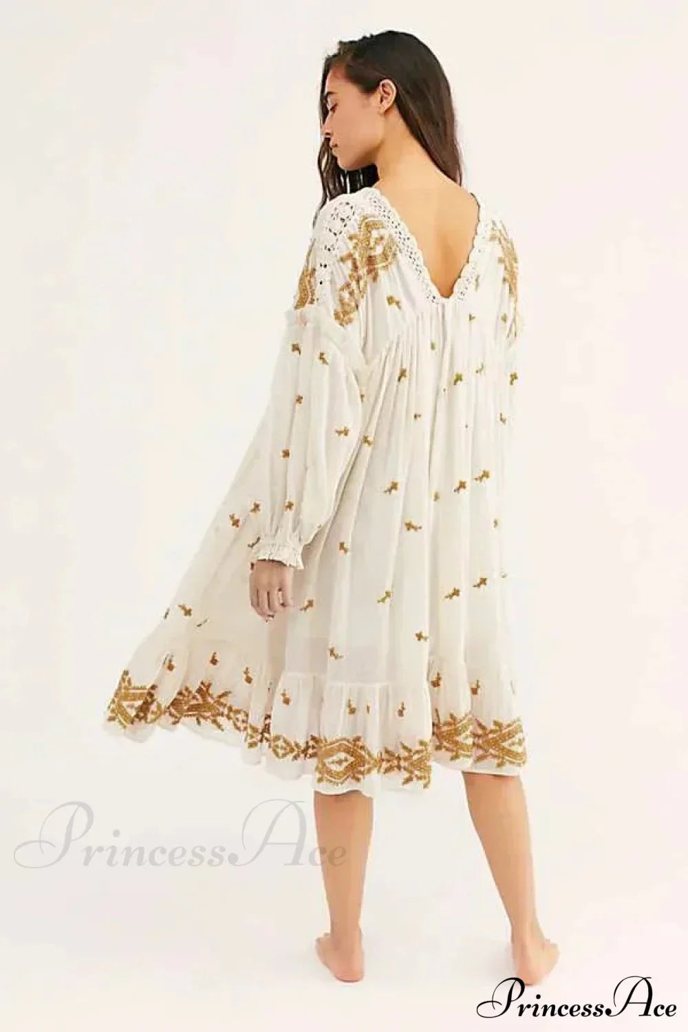 Button Up Black Embroidery Vintage Cotton Boho Dress