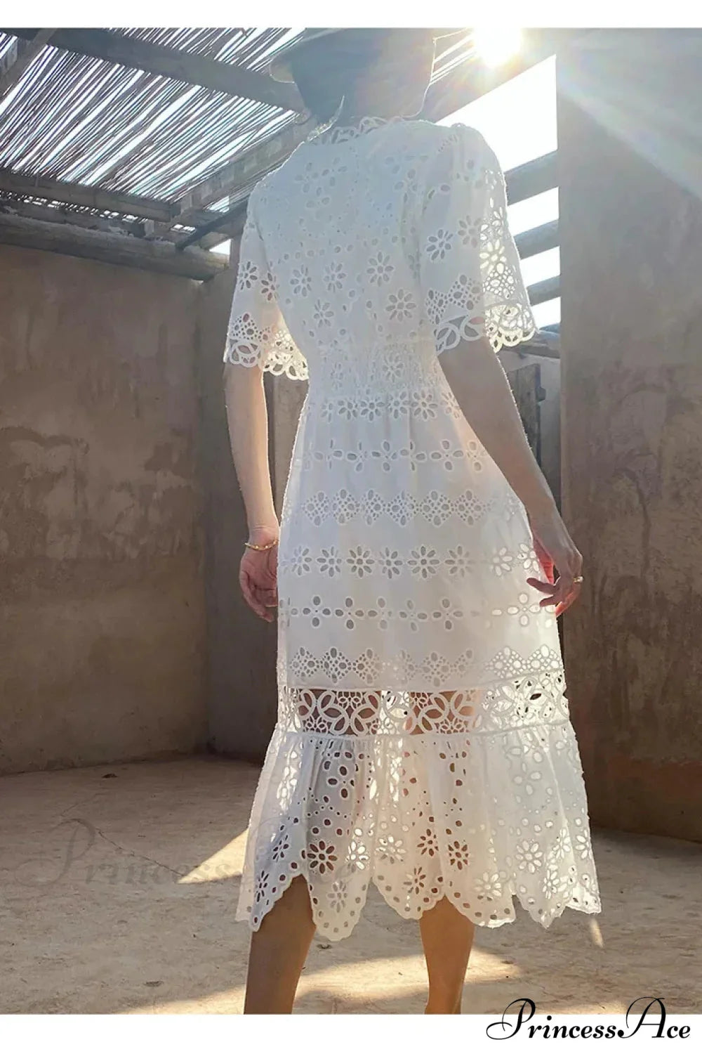 Button Up Embroidery Lantern Sleeve Cotton Boho Dress