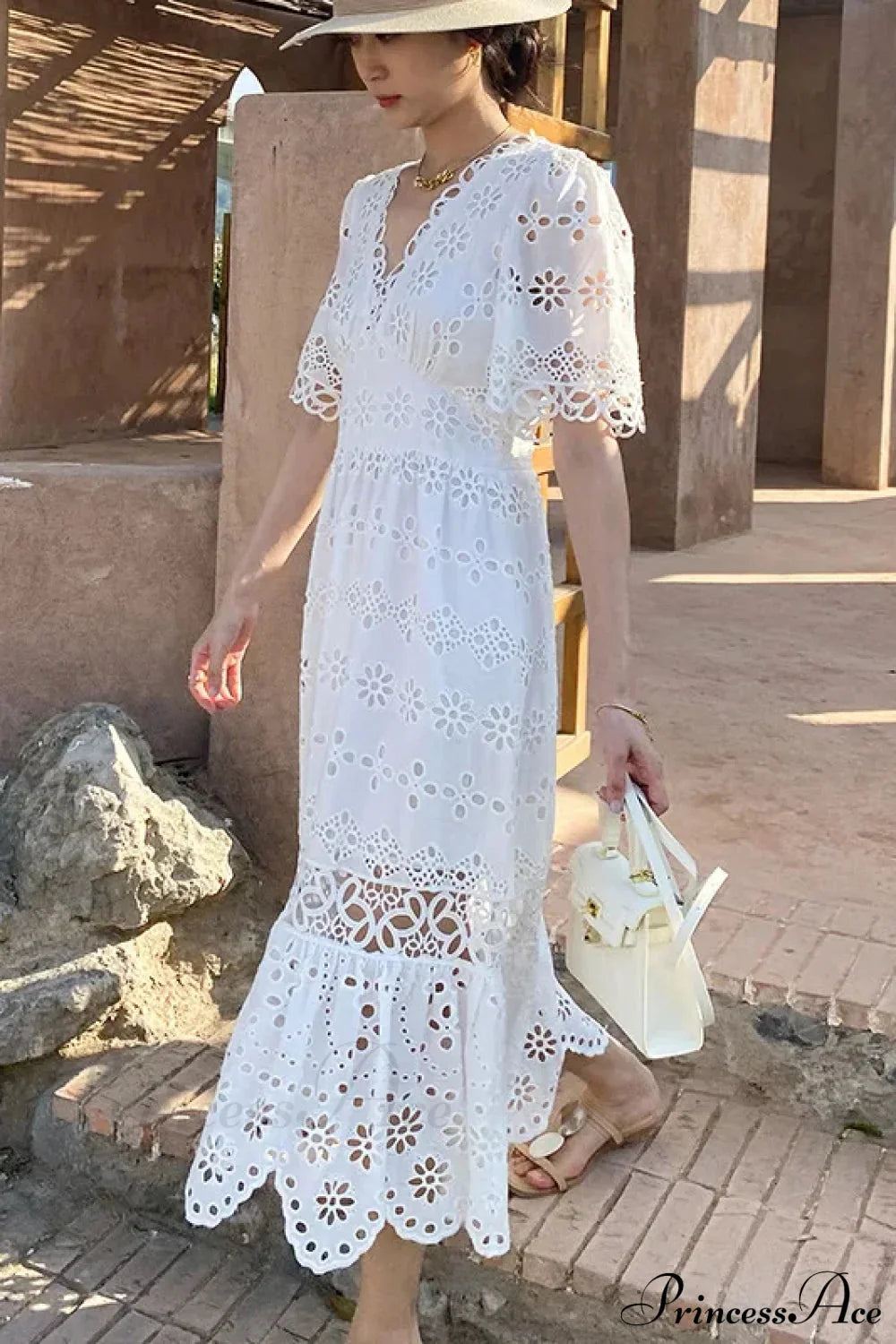 Button Up Embroidery Lantern Sleeve Cotton Boho Dress