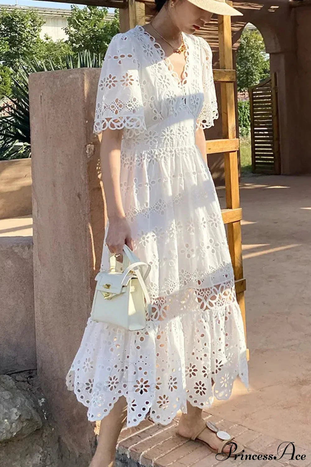Button Up Embroidery Lantern Sleeve Cotton Boho Dress