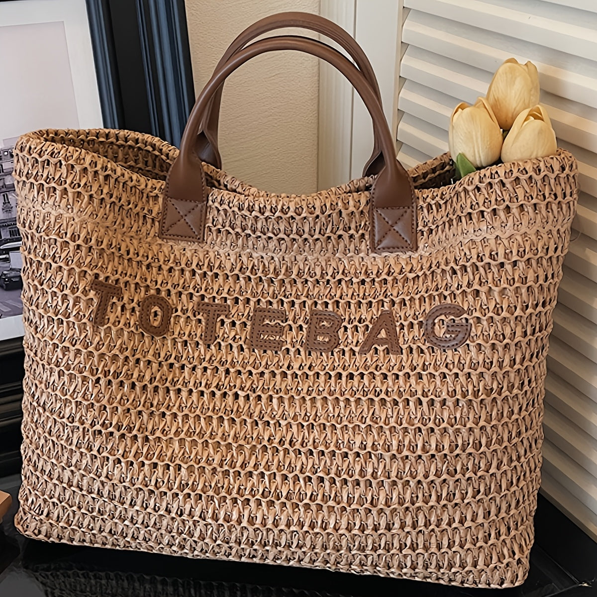 Large Woven Tote Bag with Leather Handles