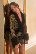 Woman wearing Gloss Leopard Fur-Collar Patchwork Set from Hicosy