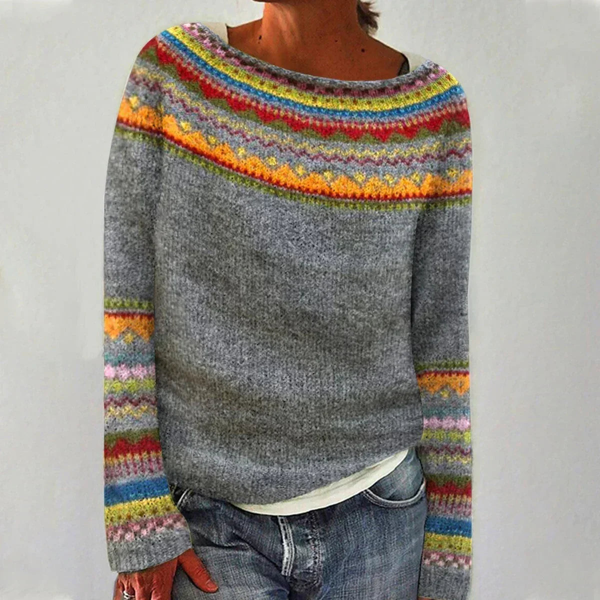 Nadia | Women's Polyester Fair Isle Boat Neck Fall Sweater, Relaxed Knit – Casual