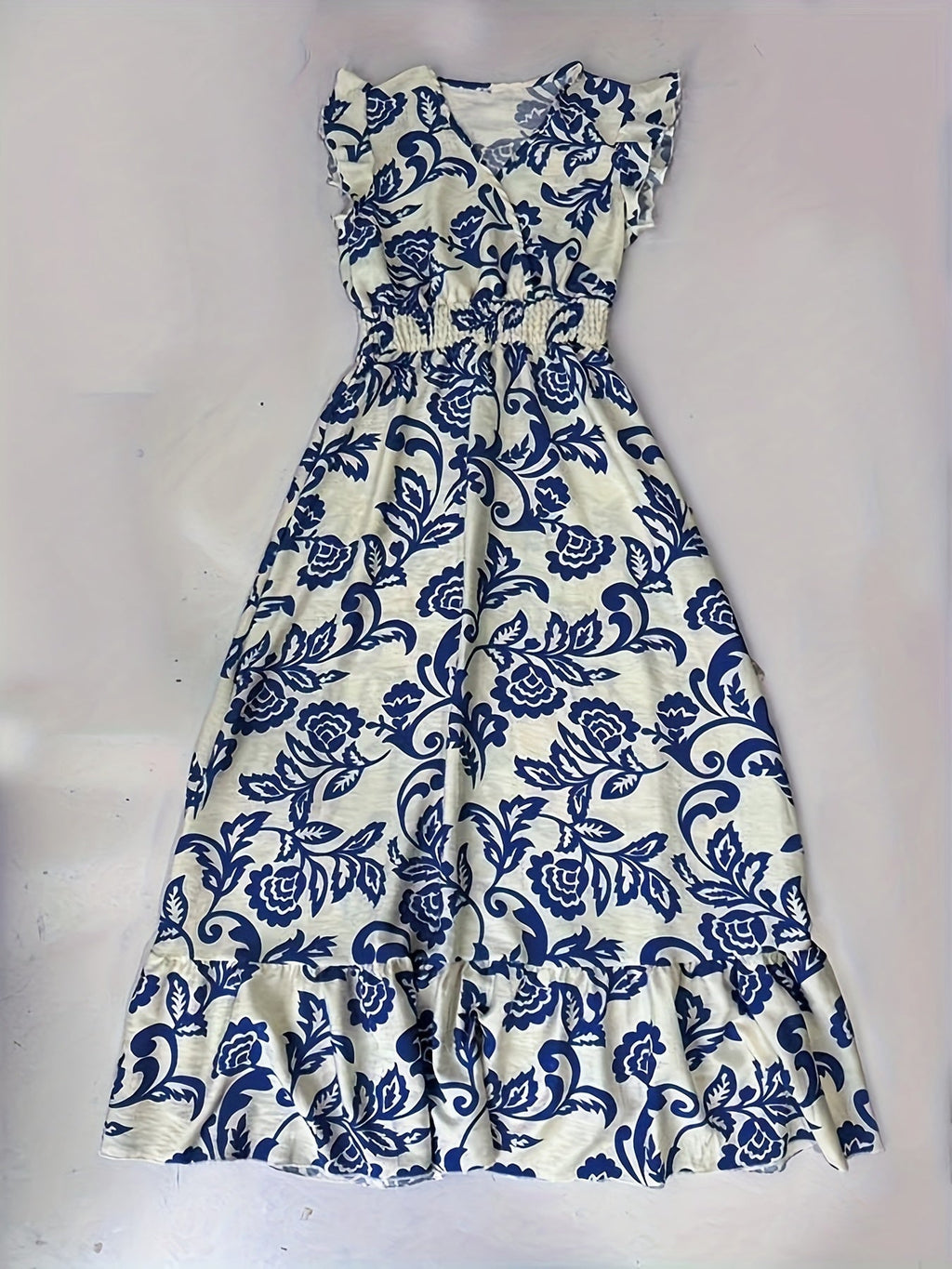 Ruffle Cap Sleeve Wrap V Neck Smocked Waist Maxi Dress