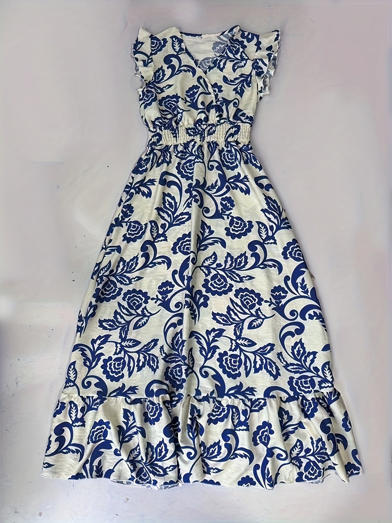 Ruffle Cap Sleeve Wrap V Neck Smocked Waist Maxi Dress