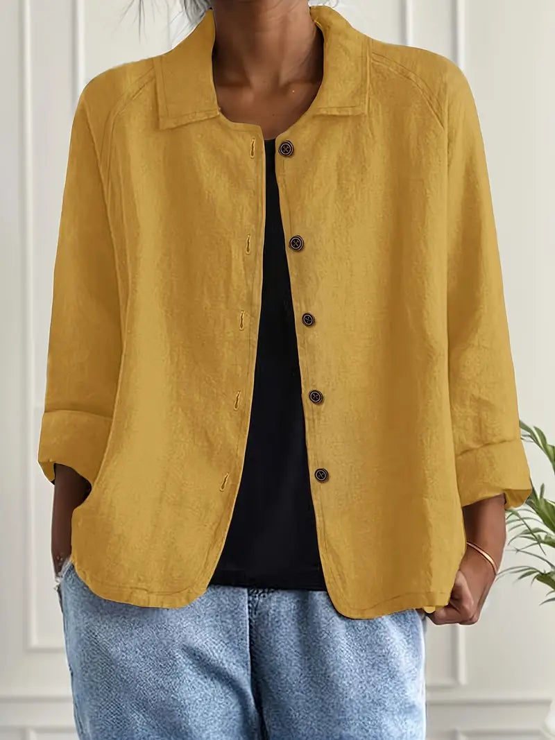 Textured Button Front Collared 3/4 Sleeve Linen Blazer