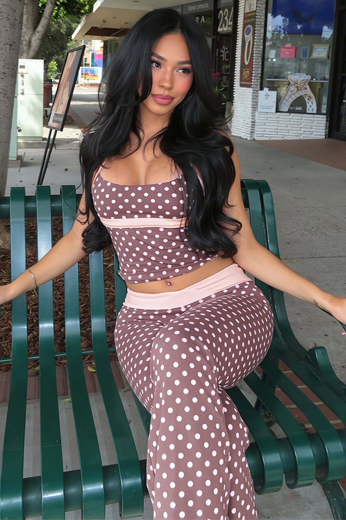 Woman wearing Polka Tank and Low-Rise Pants Set from Hicosy — view 3