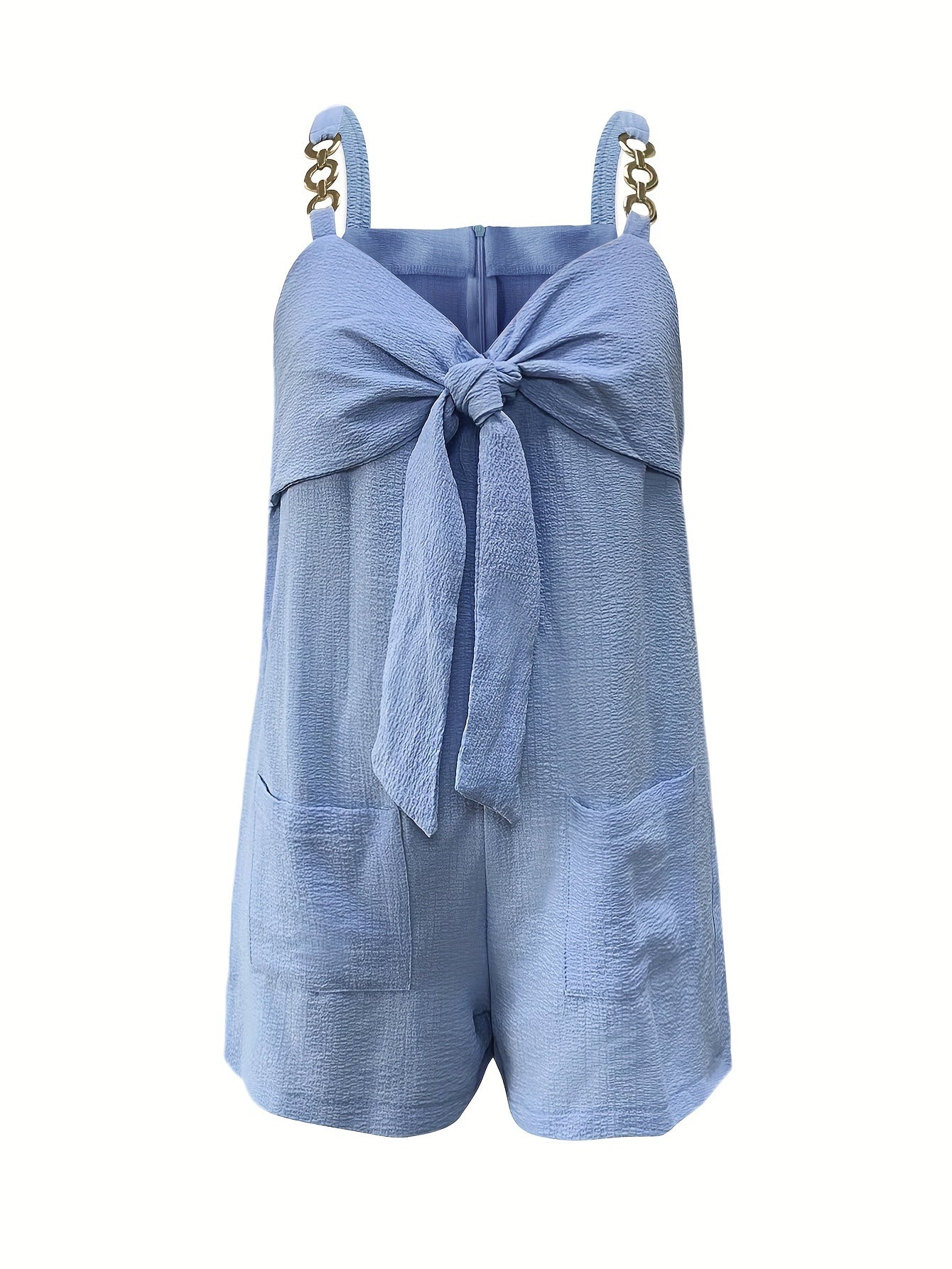 Chain Strap Bow Front Sweetheart Neck Textured Short Romper