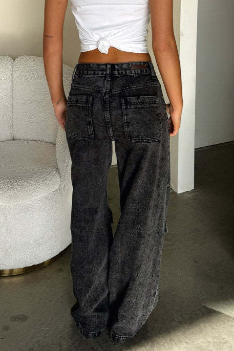 Retro Pocket Washed Cargo Straight Jeans