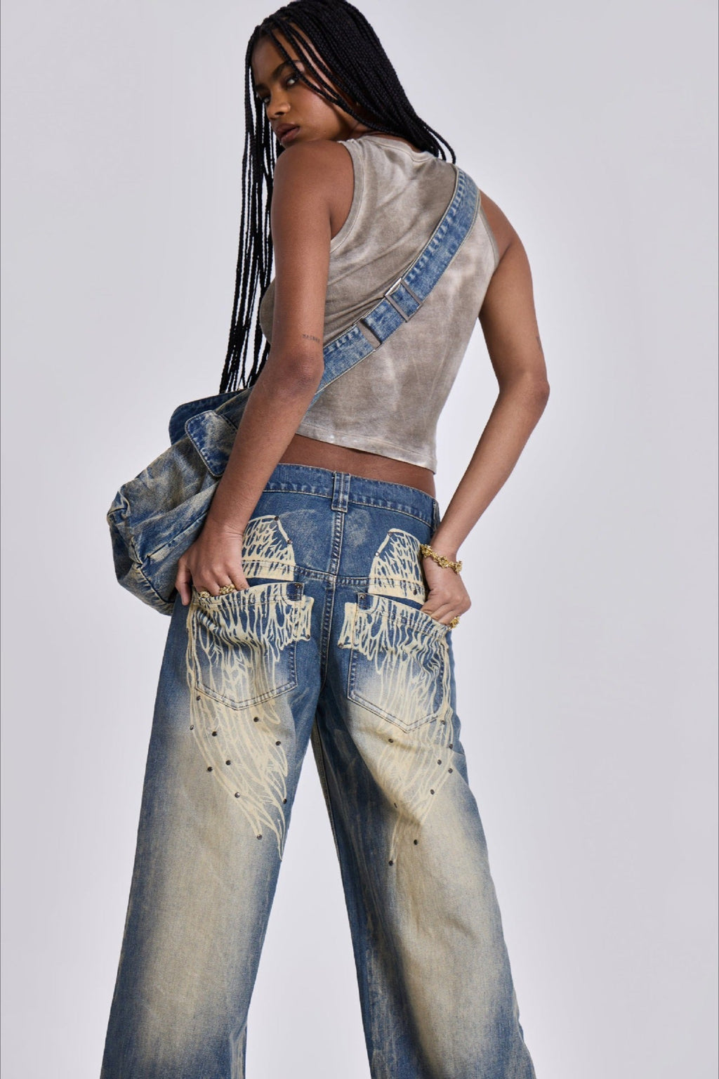 Vintage Faded Wing Print Baggy Jeans