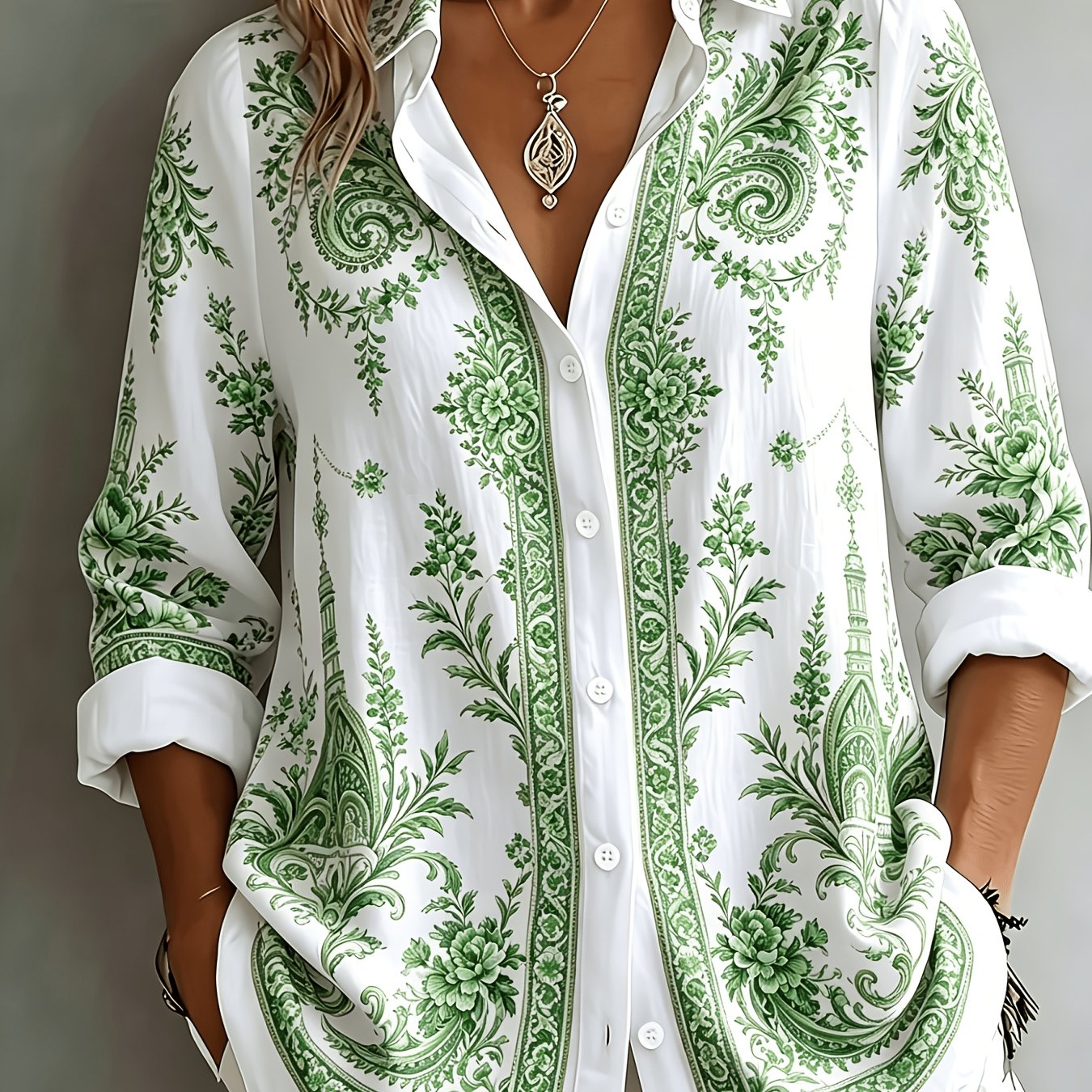 Floral Paisley Print Long Sleeve Oversized Casual Blouse