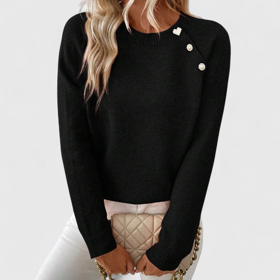 Vespera | Women's Crew Neck Sweater with Button Shoulder Detail
