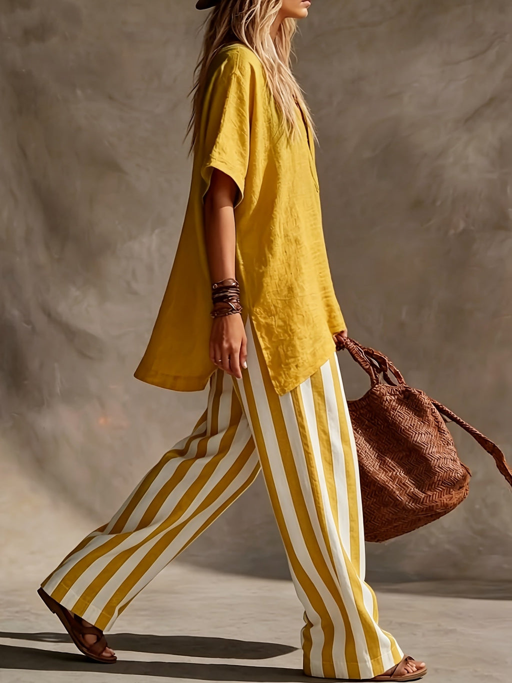 Linen V Neck Short Sleeve Top and Striped Wide Leg Pants Set