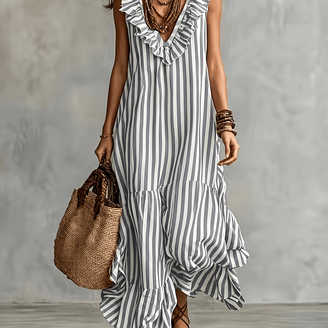 Striped Ruffled V Neck Boho Maxi Dress for Vacation