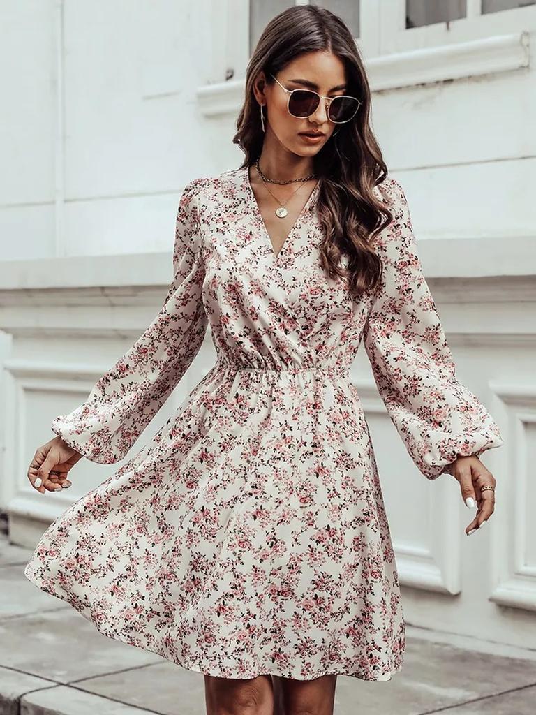Stylish V-Neck Floral Mini Chiffon Dress