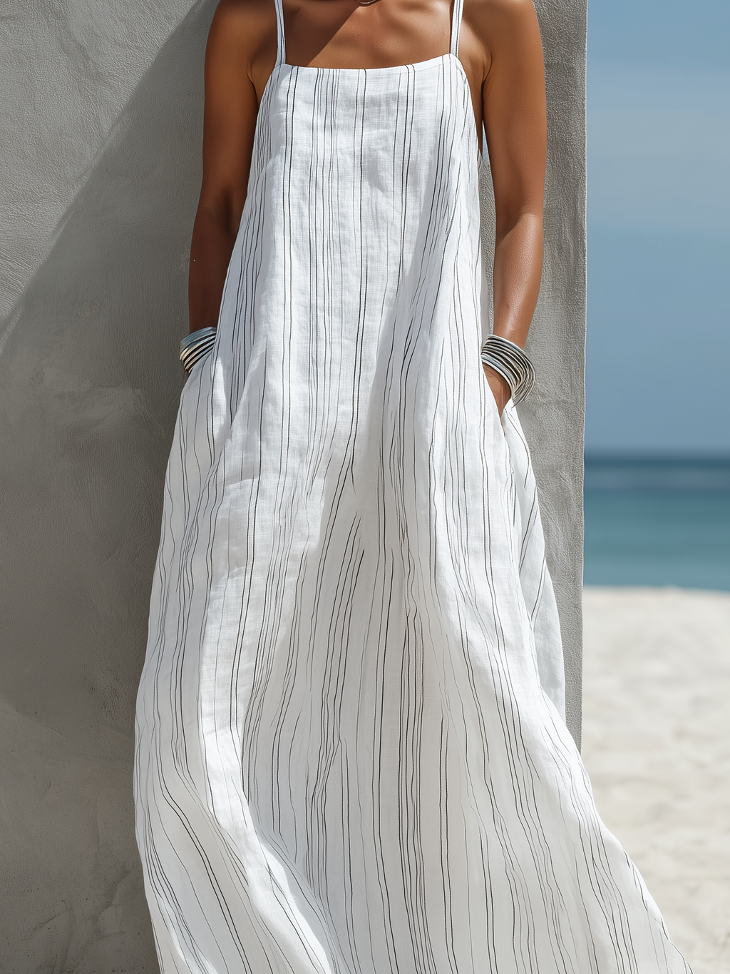 Striped Spaghetti Strap Square Neck Linen Beach Maxi Dress