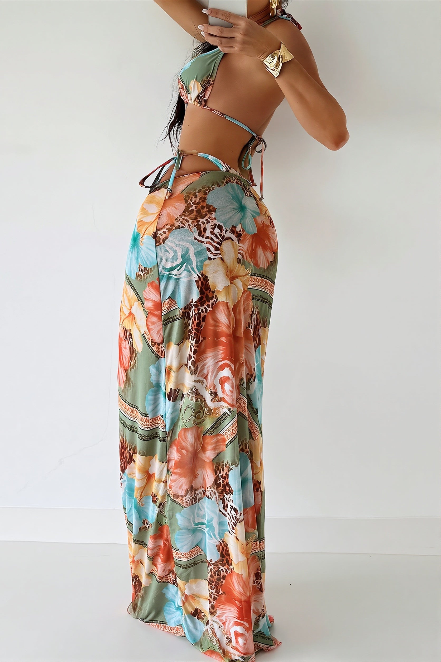 Floral Animal Print Three Piece Swim Set
