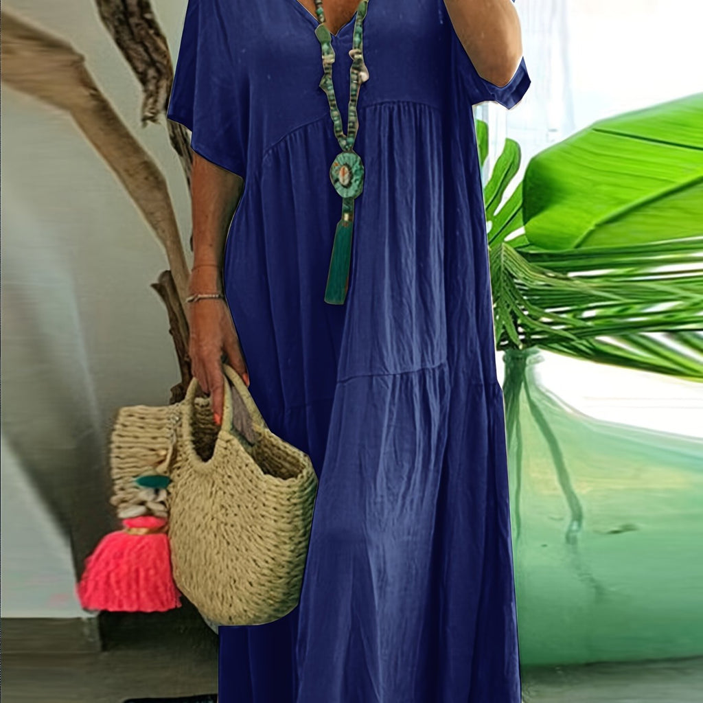 Flowy V Neck Tiered Cotton Maxi Dress for Plus Size