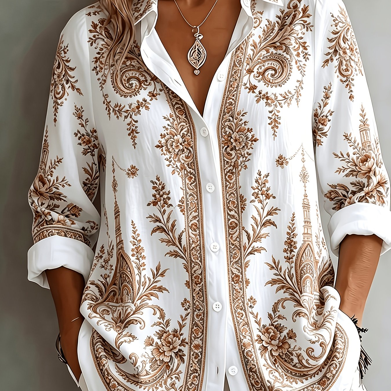 Floral Paisley Print Long Sleeve Oversized Casual Blouse