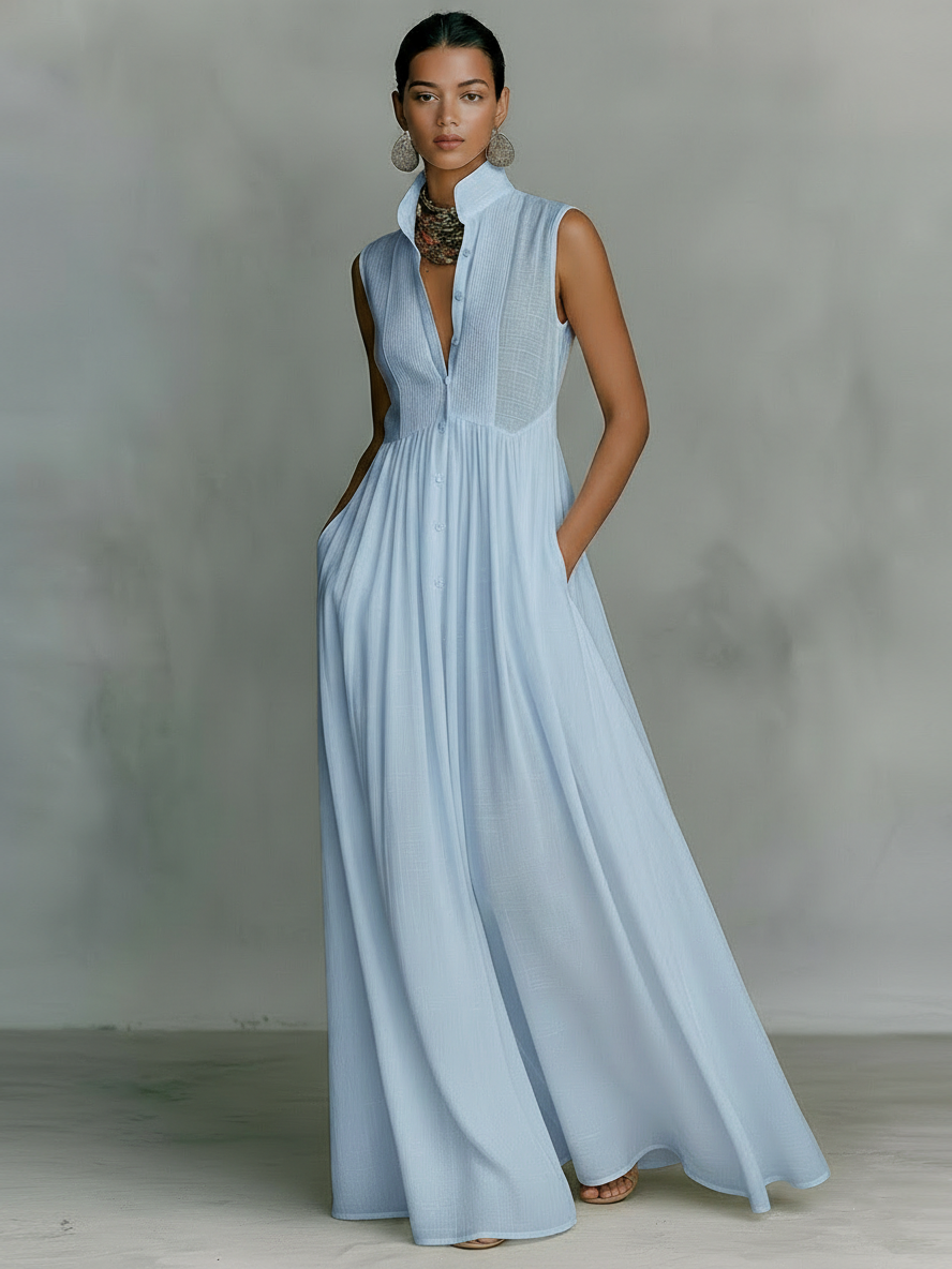 Pintuck Bib Stand Collar Sleeveless Flowy Maxi Dress