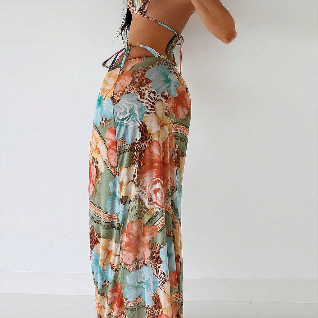 Floral Animal Print Three Piece Swim Set