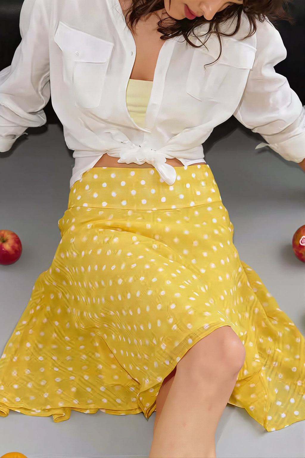 Sweet Yellow Polka Dot Draped Midi Skirt
