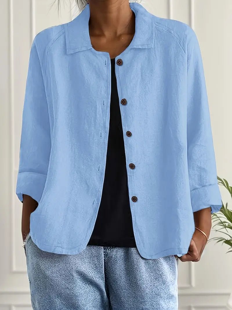 Textured Button Front Collared 3/4 Sleeve Linen Blazer