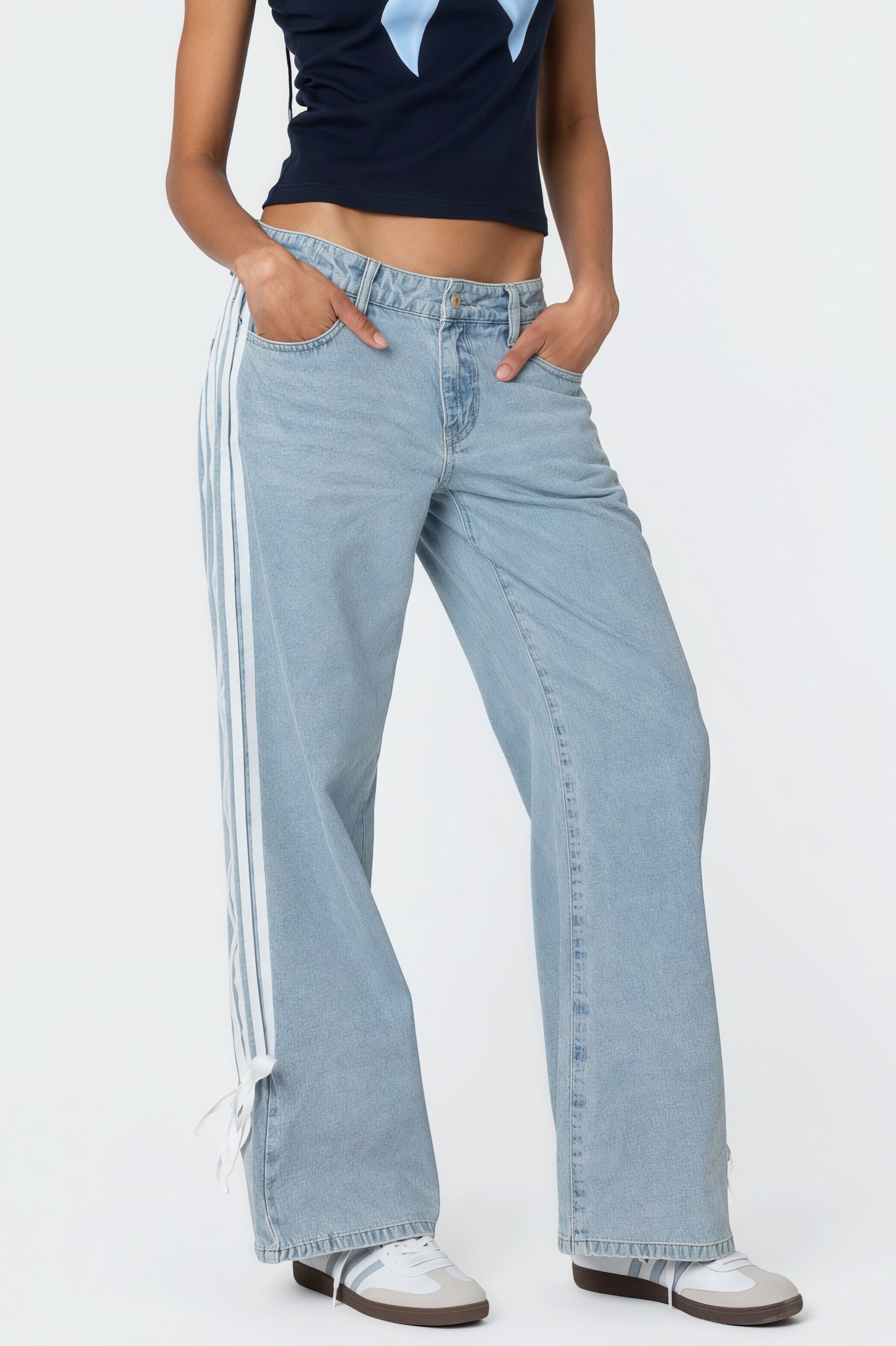Lace Up Side Stripe Wide Leg Jeans