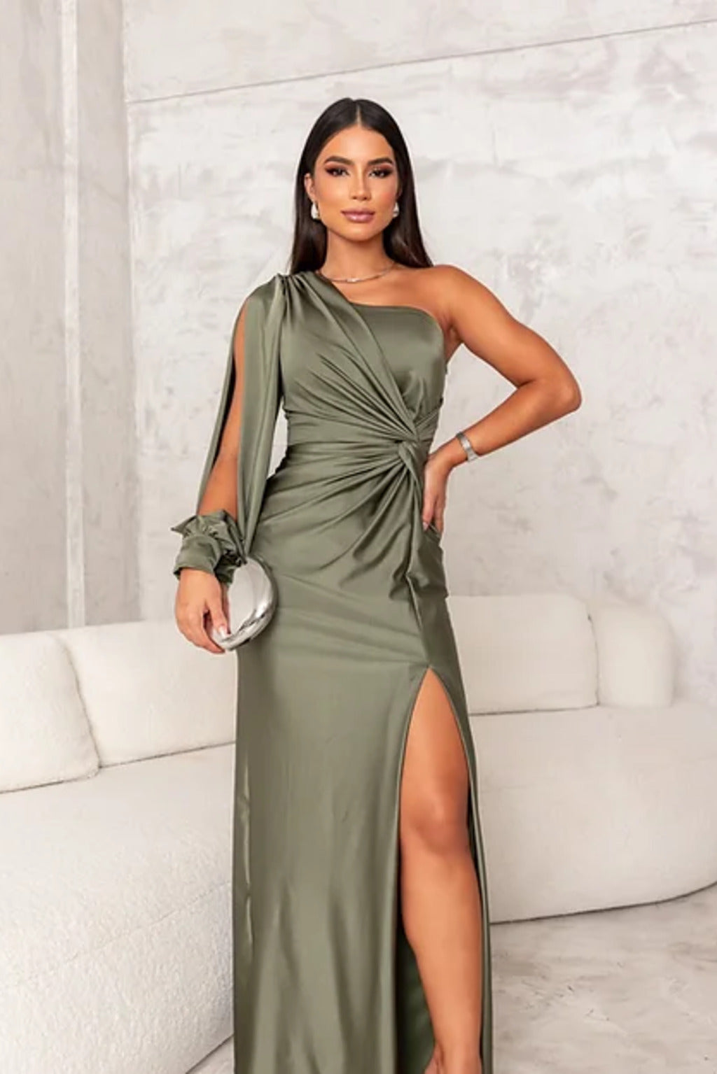 One-Shoulder Knot Front Split Sleeve Homecoming Dress