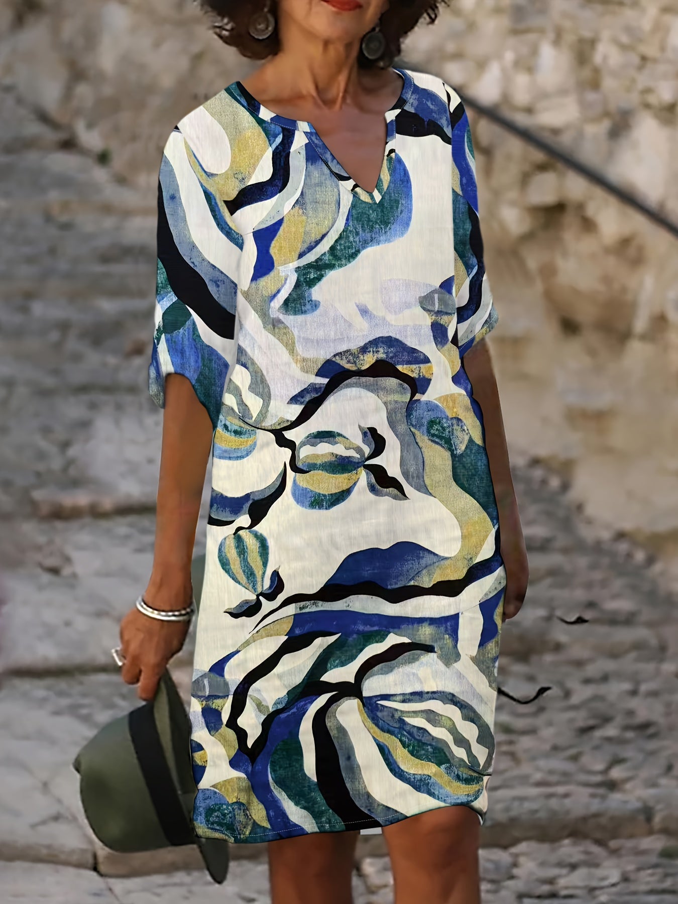 Women's Spring/Autumn Casual Straight-Leg V-Neck Printed Dress