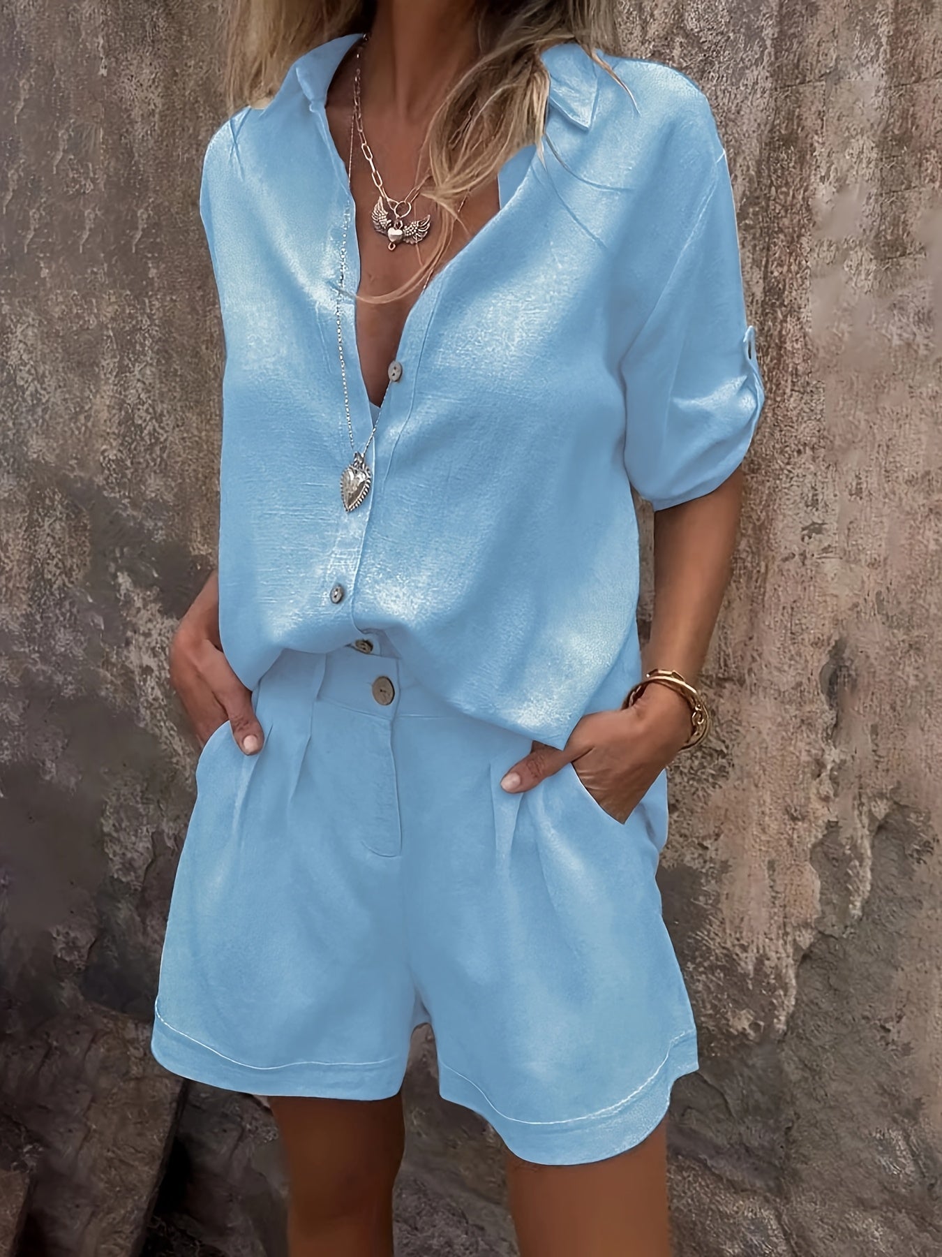 Shimmer Linen Collared Button Down Top and Short Set