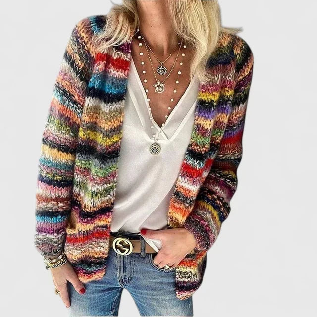 Mara | Women's Chunky Knit Boho Cardigan, Striped Open-Front Polyester Knit – Casual Fall Layering
