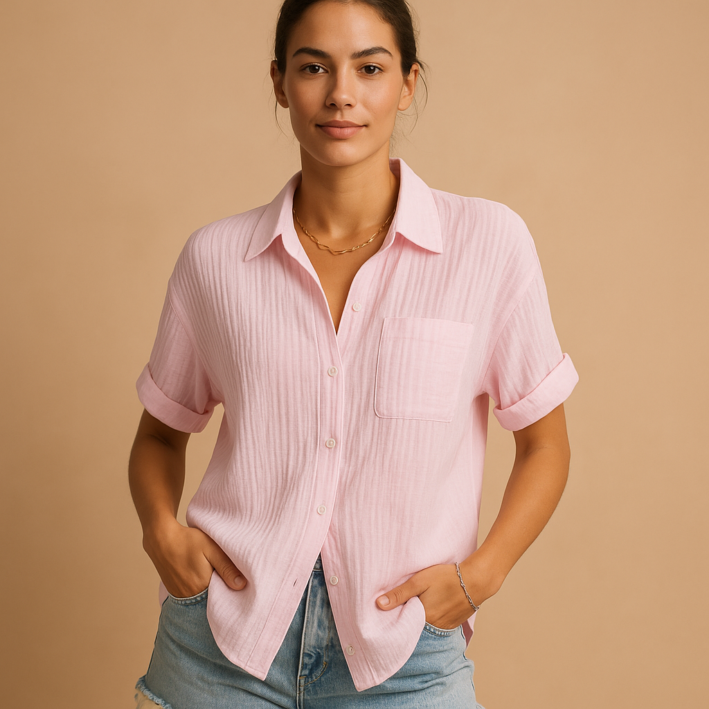 Gauze Short Sleeve Chest Pocket Casual Shirt