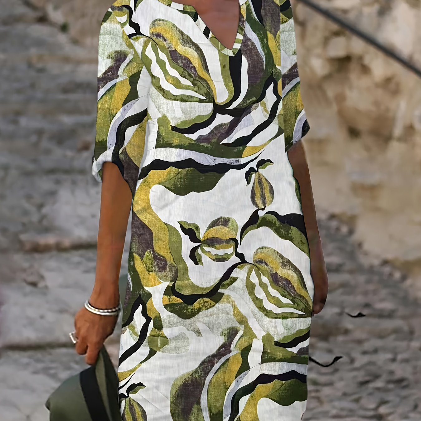 Women's Spring/Autumn Casual Straight-Leg V-Neck Printed Dress