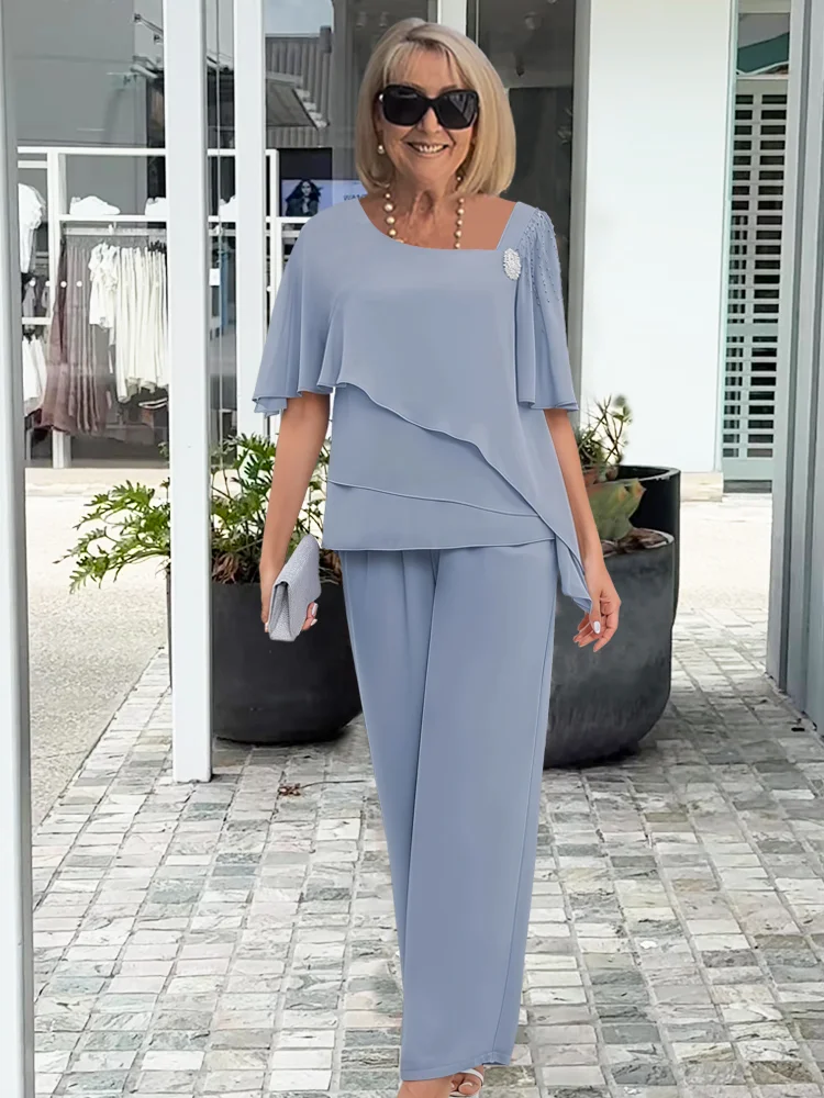 Chiffon Cape Top Trouser Two Piece Set - Formal Occasion