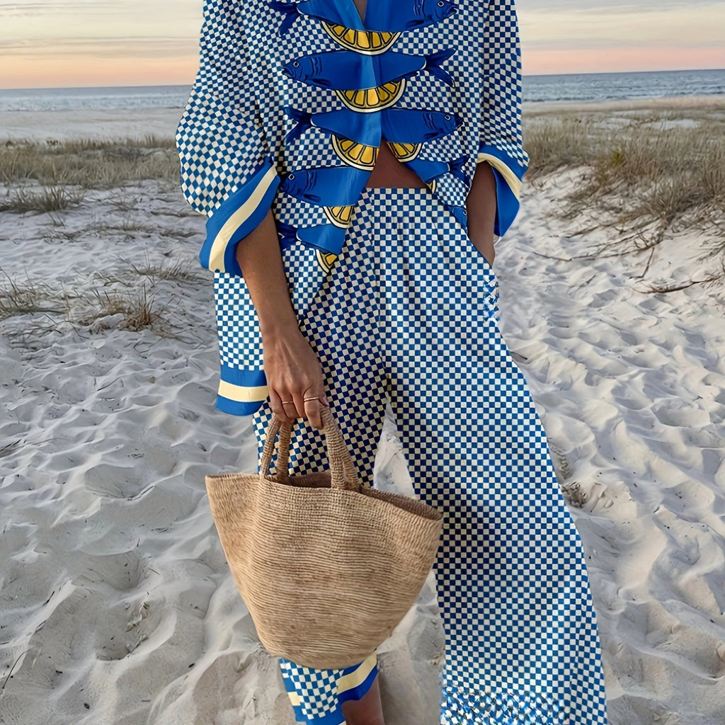 Checkered Print Two Piece Set for Beach Vacation