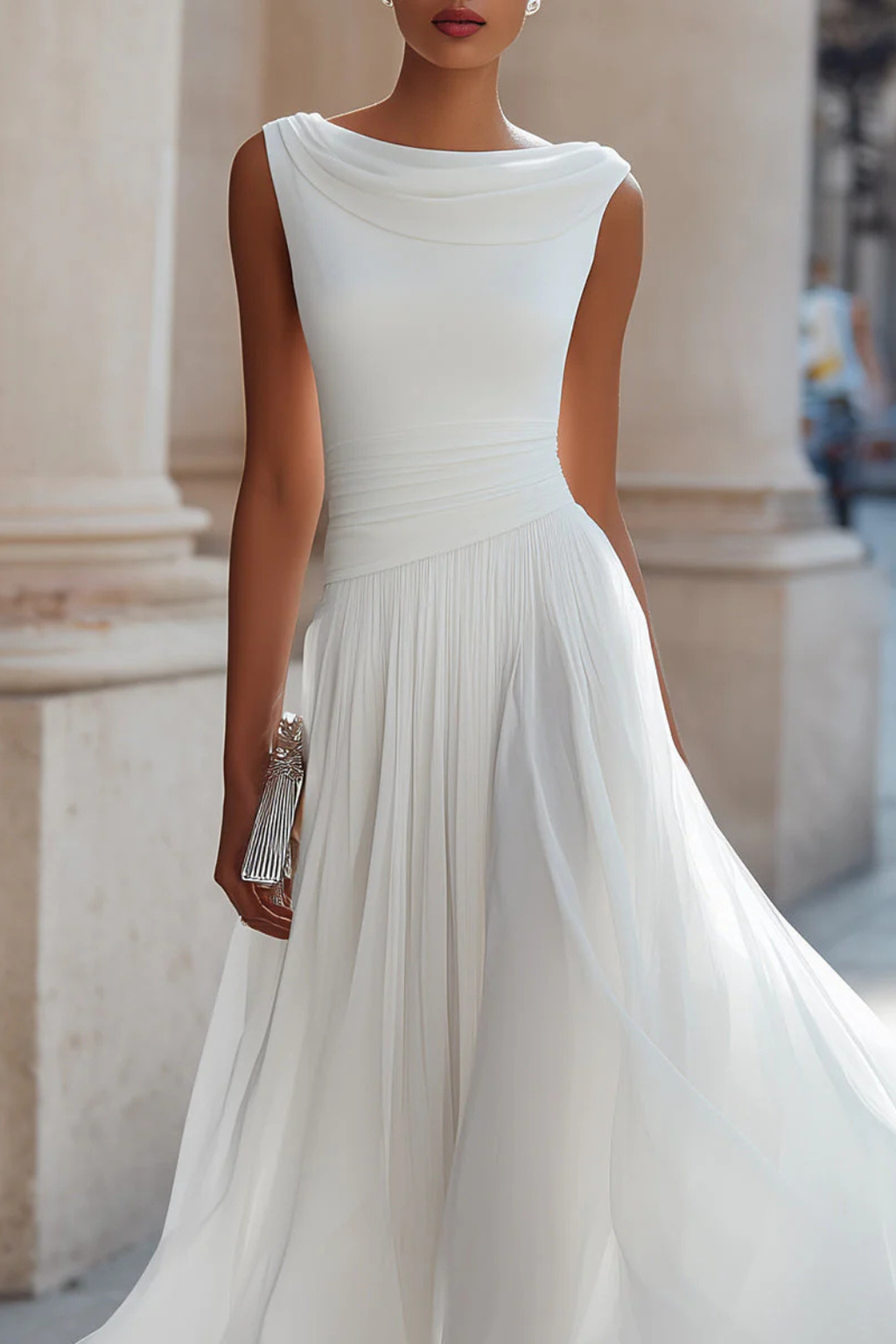 Cowl Neck Sleeveless Fitted Bodice Pleated Chiffon Midi Dress - Wedding Guest