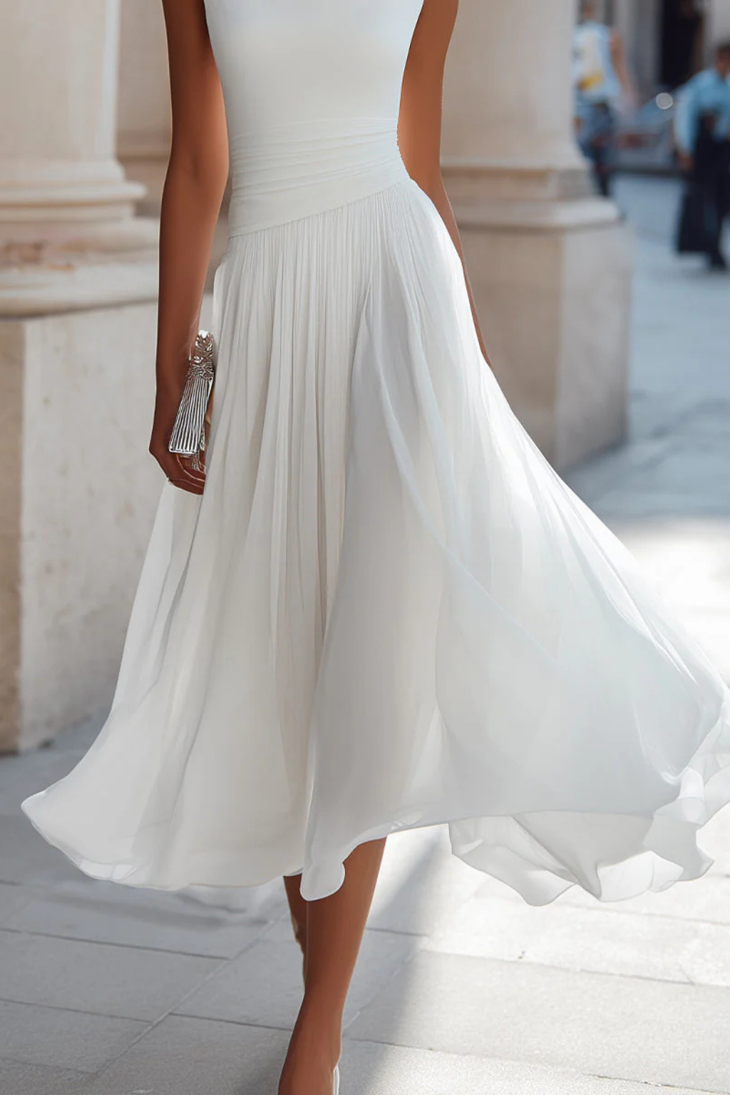 Cowl Neck Sleeveless Fitted Bodice Pleated Chiffon Midi Dress - Wedding Guest