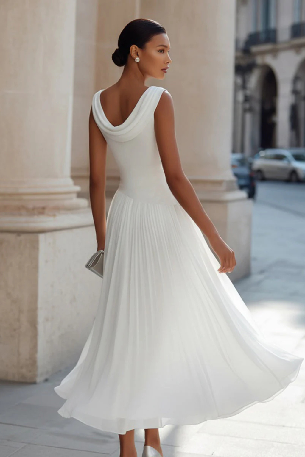Cowl Neck Sleeveless Fitted Bodice Pleated Chiffon Midi Dress - Wedding Guest