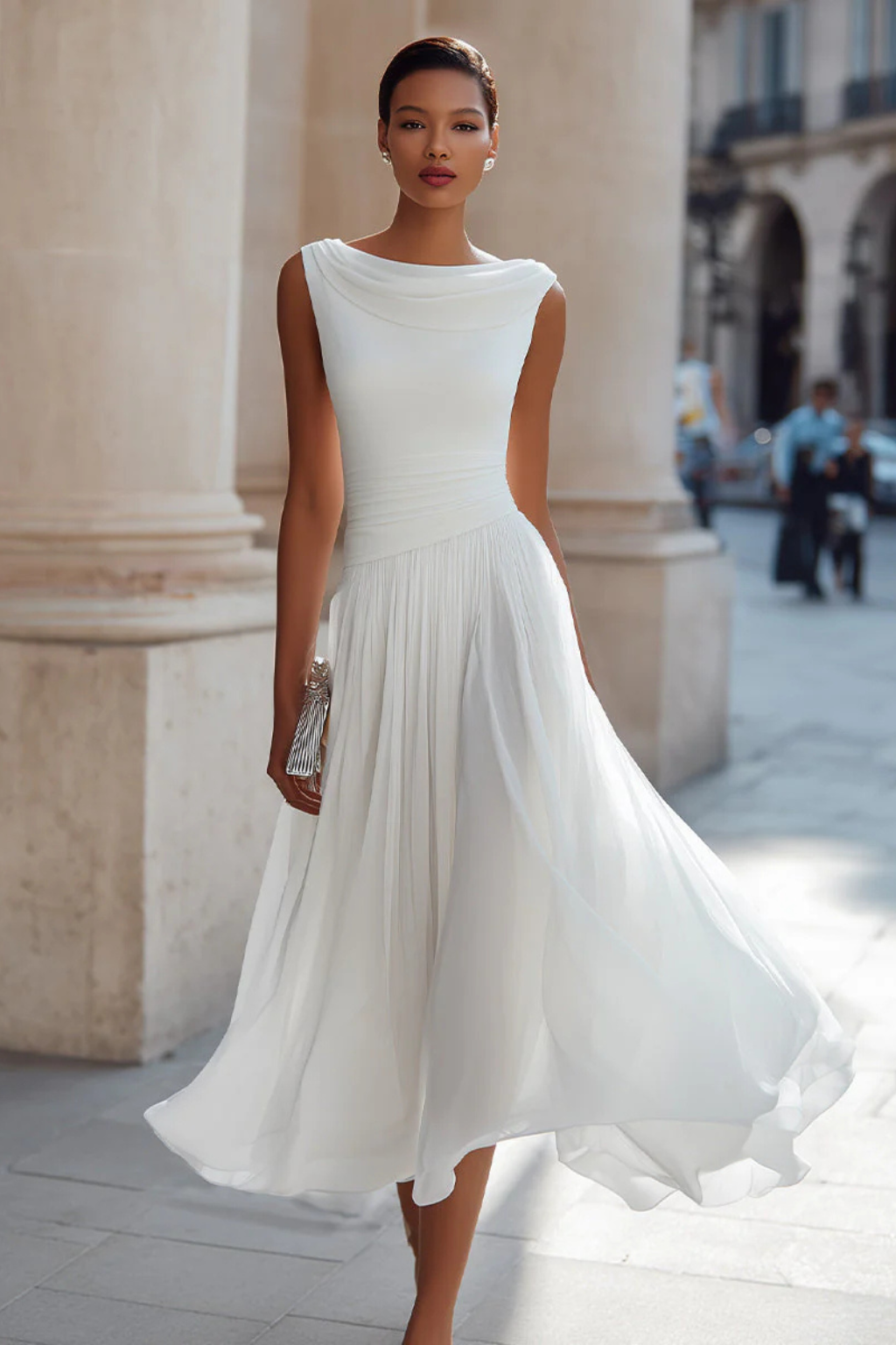 Cowl Neck Sleeveless Fitted Bodice Pleated Chiffon Midi Dress - Wedding Guest