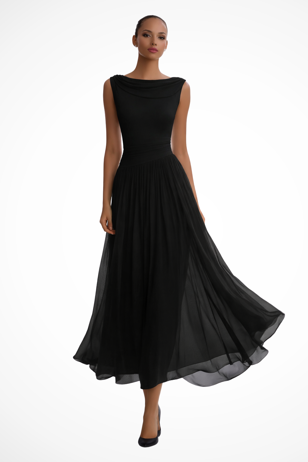 Cowl Neck Sleeveless Fitted Bodice Pleated Chiffon Midi Dress - Wedding Guest