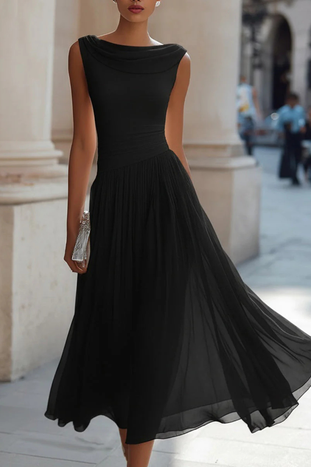 Cowl Neck Sleeveless Fitted Bodice Pleated Chiffon Midi Dress - Wedding Guest
