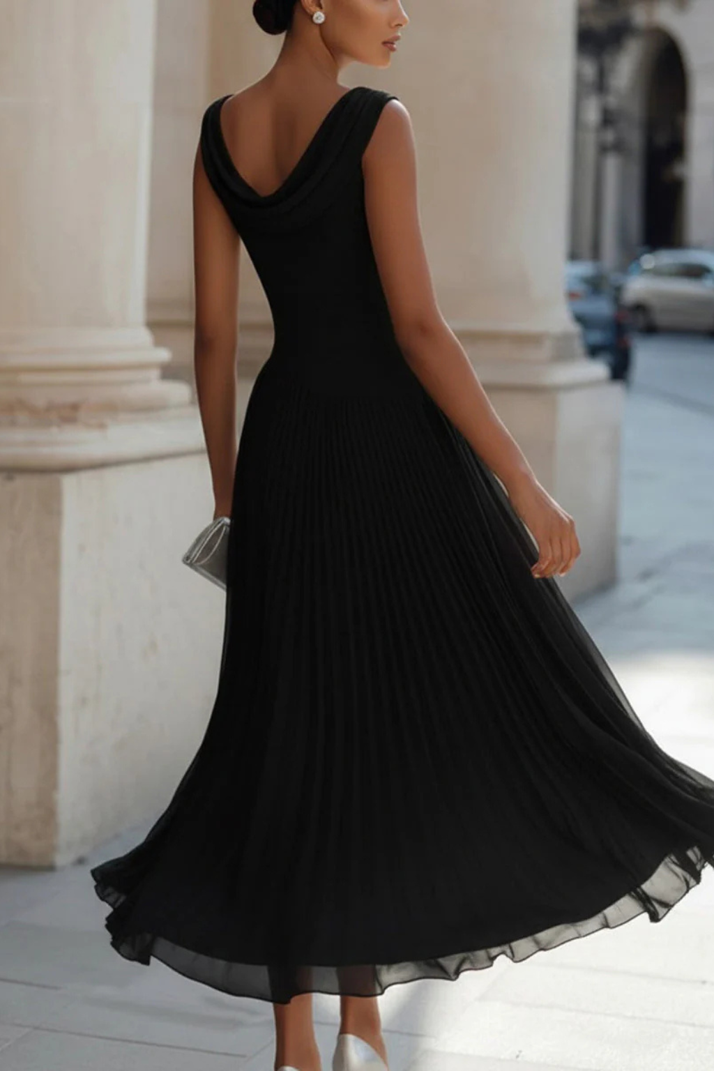 Cowl Neck Sleeveless Fitted Bodice Pleated Chiffon Midi Dress - Wedding Guest